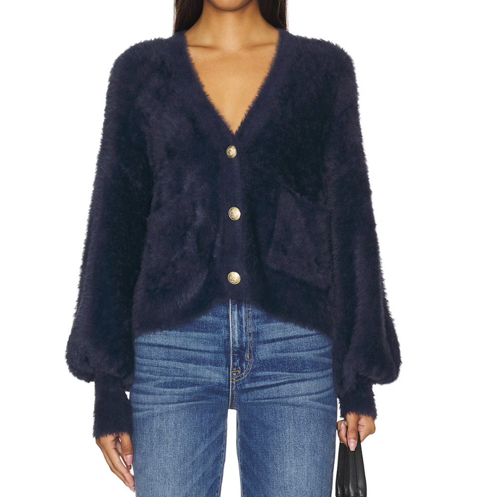 NWT L'Agence Harriet Fuzzy Knit Blouson Sleeve Cardigan Size L Indigo #3C509